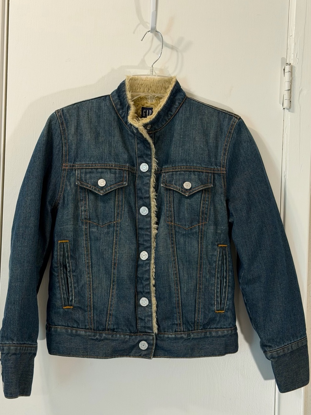 GAP Dark Denim Jean Jacket with Cream Faux-Sherpa Trim
